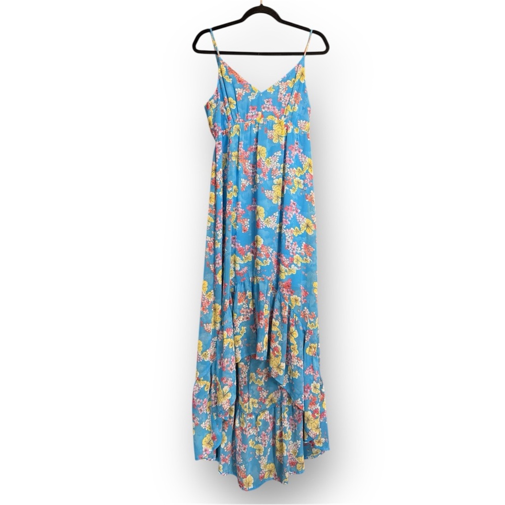 BCBGeneration Island Floral high low Maxi Dress tie back blue yellow pink S